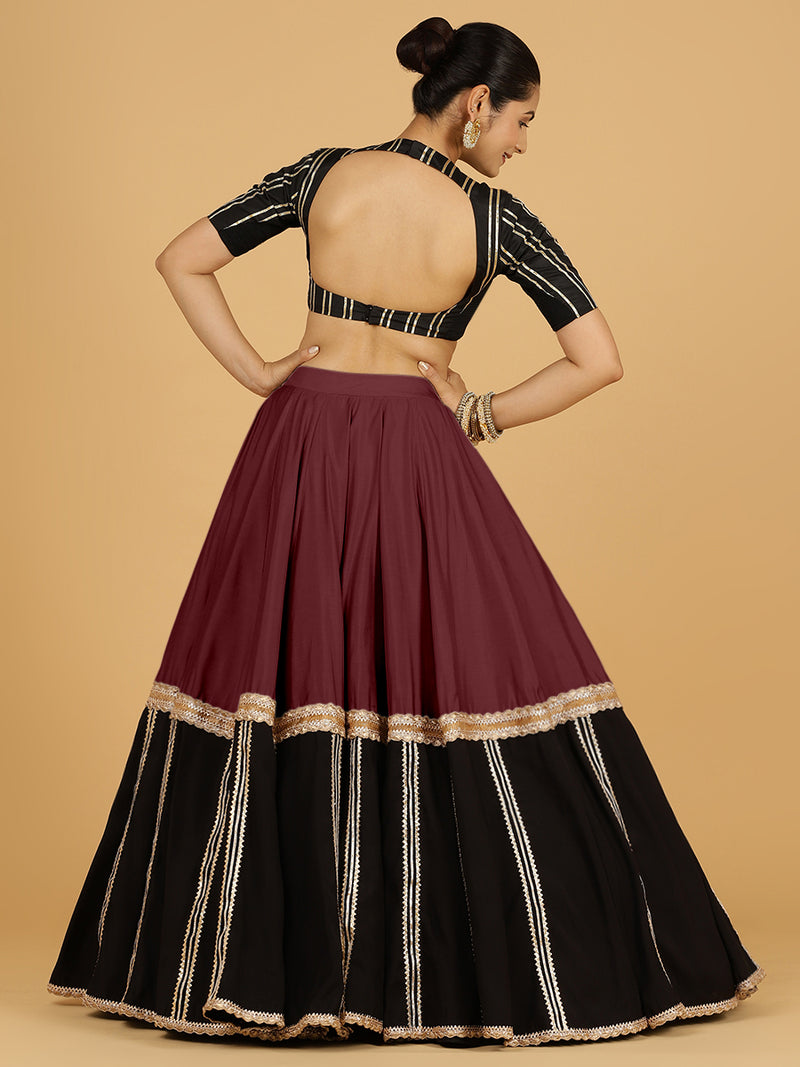 Mastani x Tyohaar | Deep Maroon Panelled Lehenga Skirt-Binks