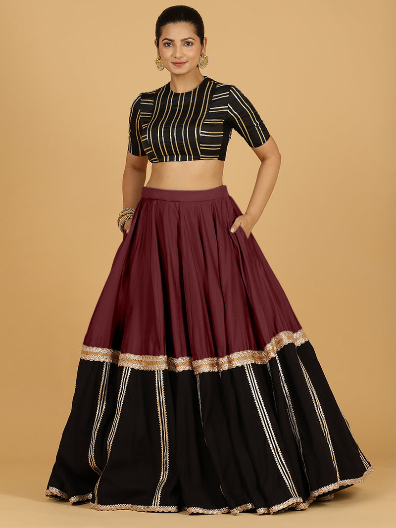Mastani x Tyohaar | Deep Maroon Panelled Lehenga Skirt-Binks