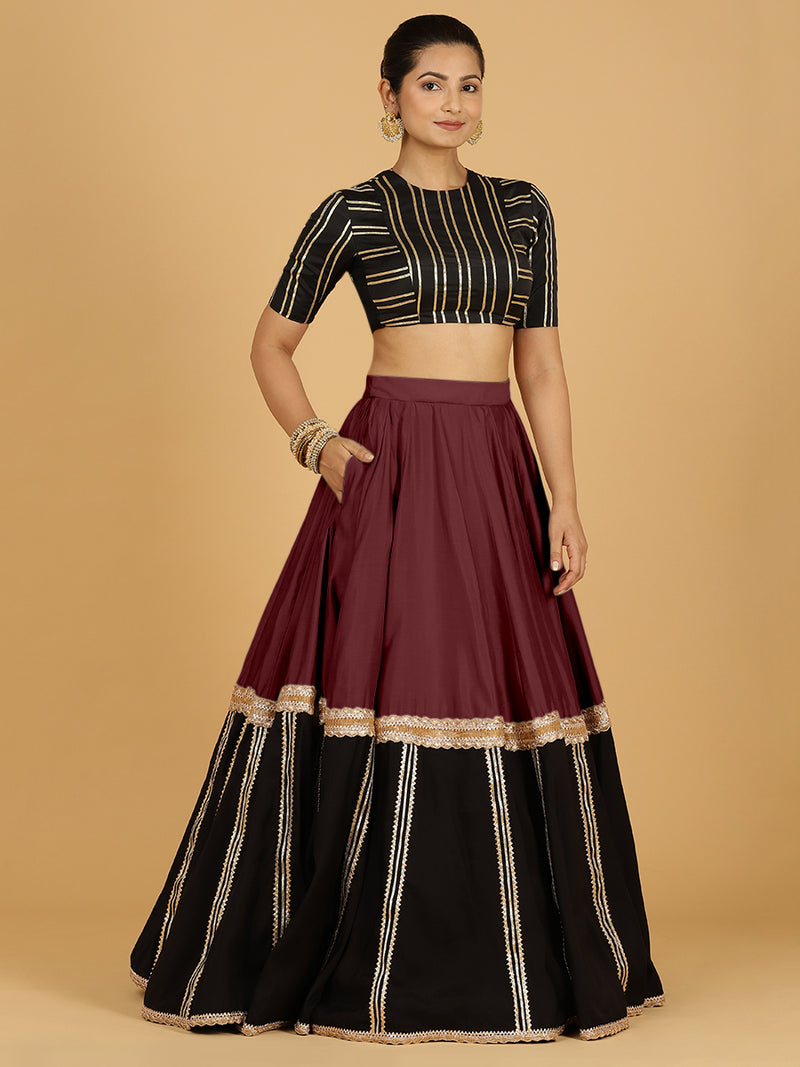 Mastani x Tyohaar | Deep Maroon Panelled Lehenga Skirt-Binks