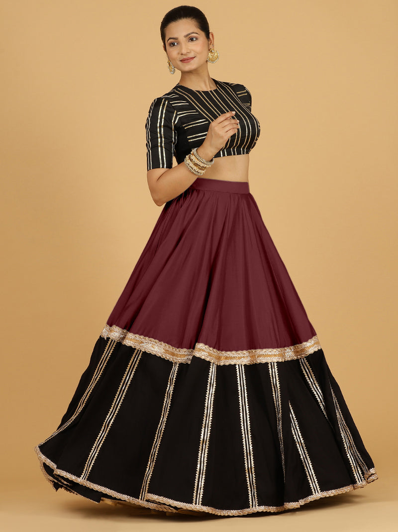 Mastani x Tyohaar | Deep Maroon Panelled Lehenga Skirt-Binks