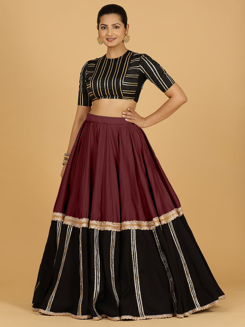 Mastani x Tyohaar | Deep Maroon Panelled Lehenga Skirt-Binks