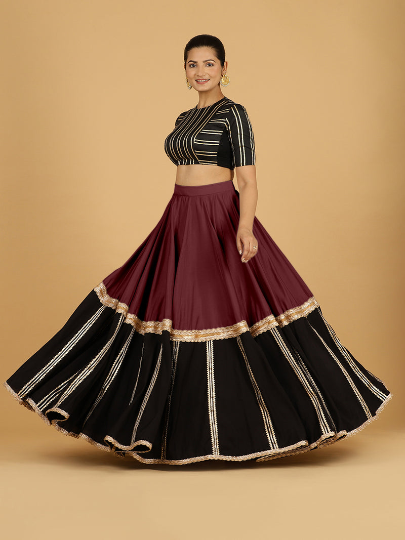 Mastani x Tyohaar | Deep Maroon Panelled Lehenga Skirt-Binks