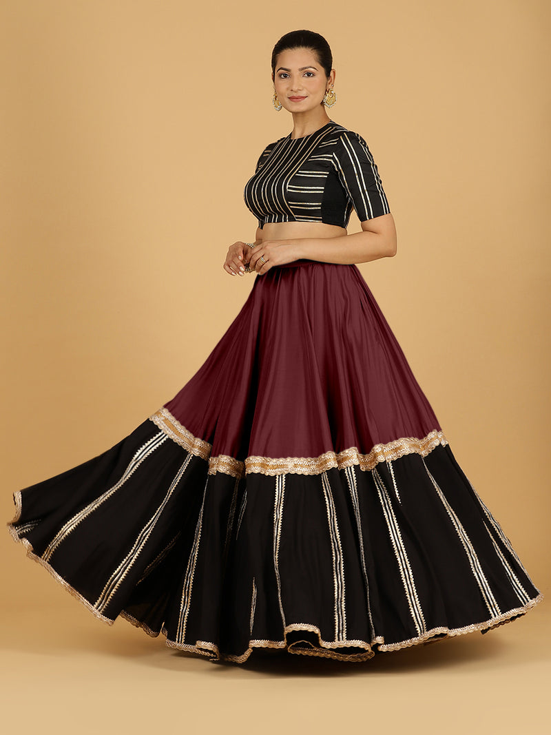 Mastani x Tyohaar | Deep Maroon Panelled Lehenga Skirt-Binks