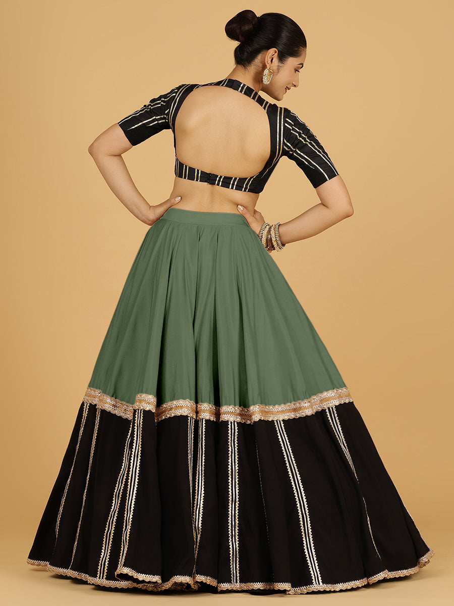 Mastani x Tyohaar Lehenga Skirt, in Green 80% Viscose 20% Polyester, made for party & festive (view 2).