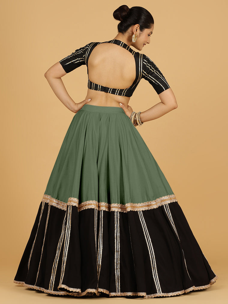 Mastani x Tyohaar Lehenga Skirt, in Green 80% Viscose 20% Polyester, made for party & festive (view 2).