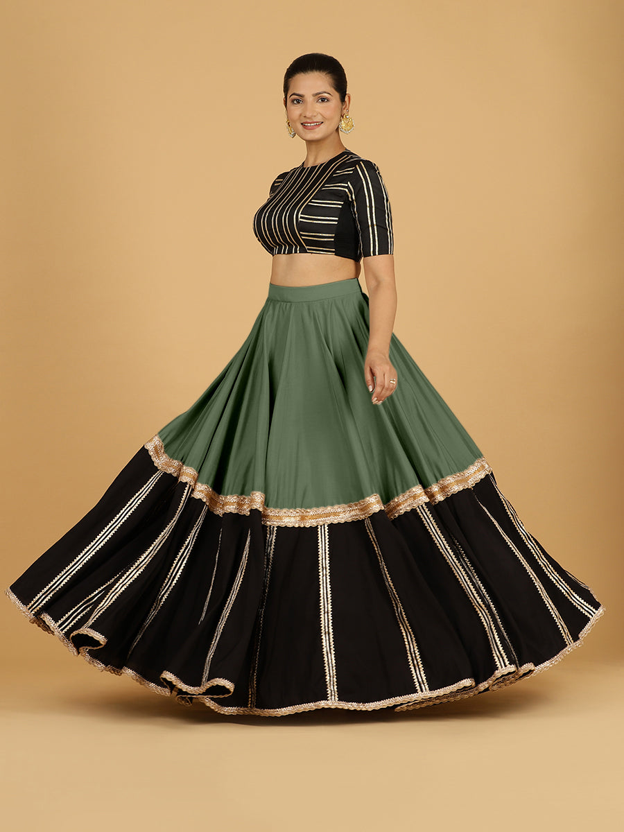 Mastani x Tyohaar Lehenga Skirt, in Green 80% Viscose 20% Polyester, made for party & festive (view 7).