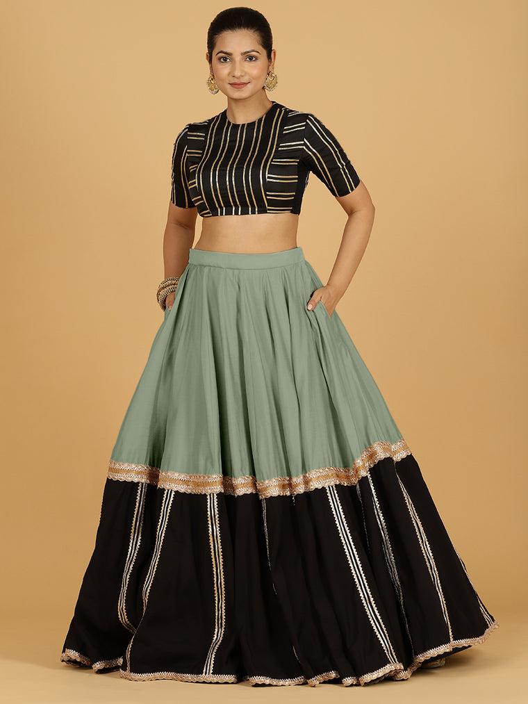 Mastani x Tyohaar Lehenga Skirt, in Green 80% Viscose 20% Polyester, made for party & festive (view 3).