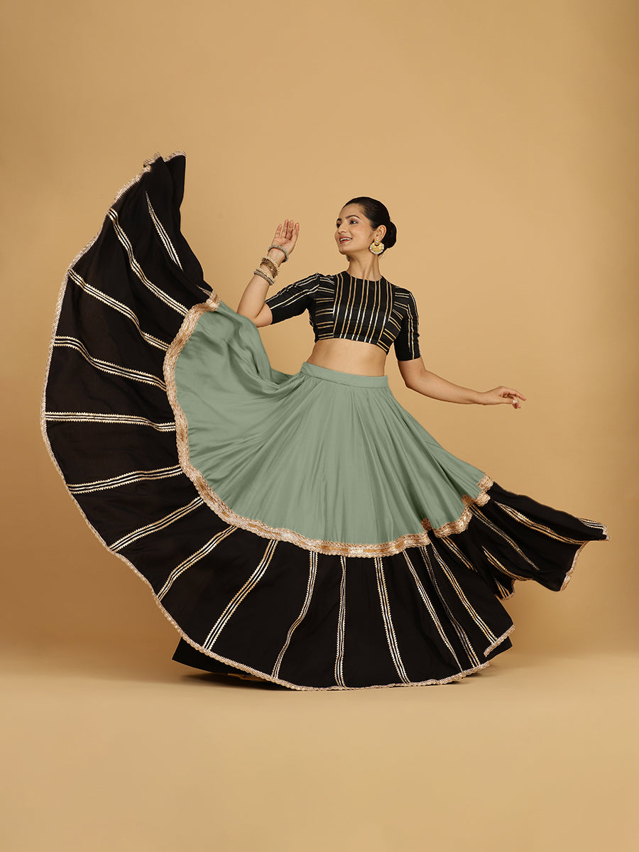 Mastani x Tyohaar Lehenga Skirt, in Green 80% Viscose 20% Polyester, made for party & festive (view 5).