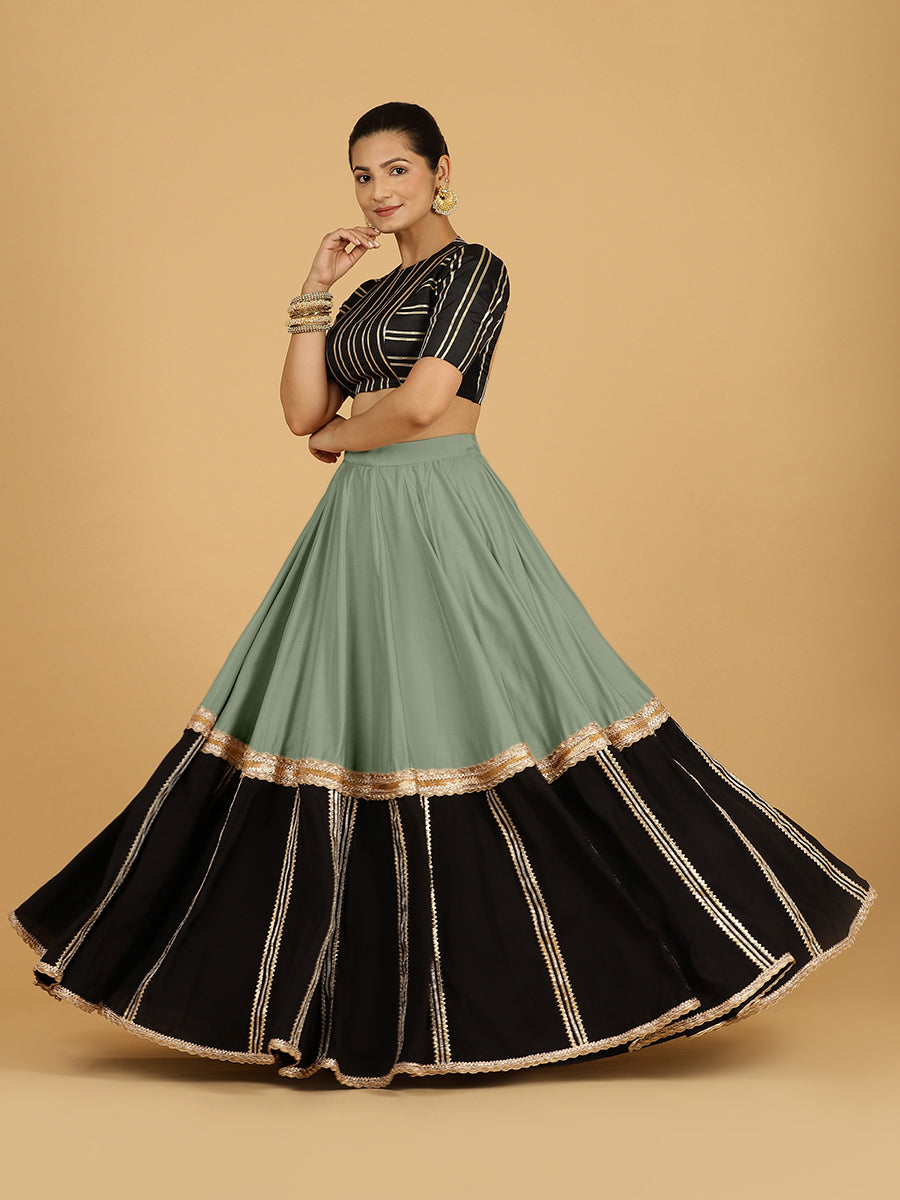 Mastani x Tyohaar Lehenga Skirt, in Green 80% Viscose 20% Polyester, made for party & festive (view 7).