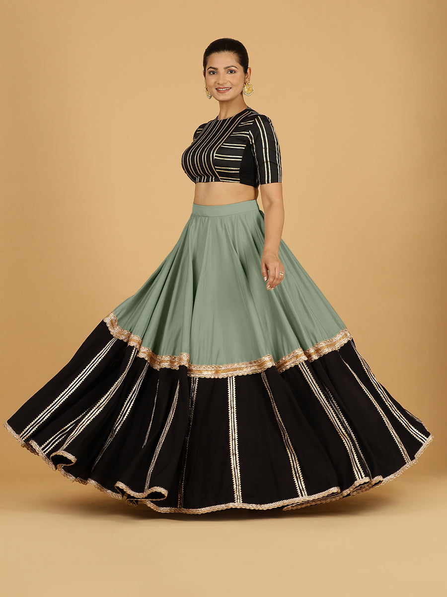 Mastani x Tyohaar Lehenga Skirt, in Green 80% Viscose 20% Polyester, made for party & festive (view 8).