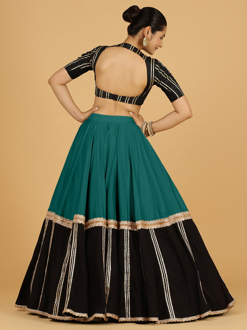 Mastani x Tyohaar | Peacock Green Panelled Lehenga Skirt-Binks