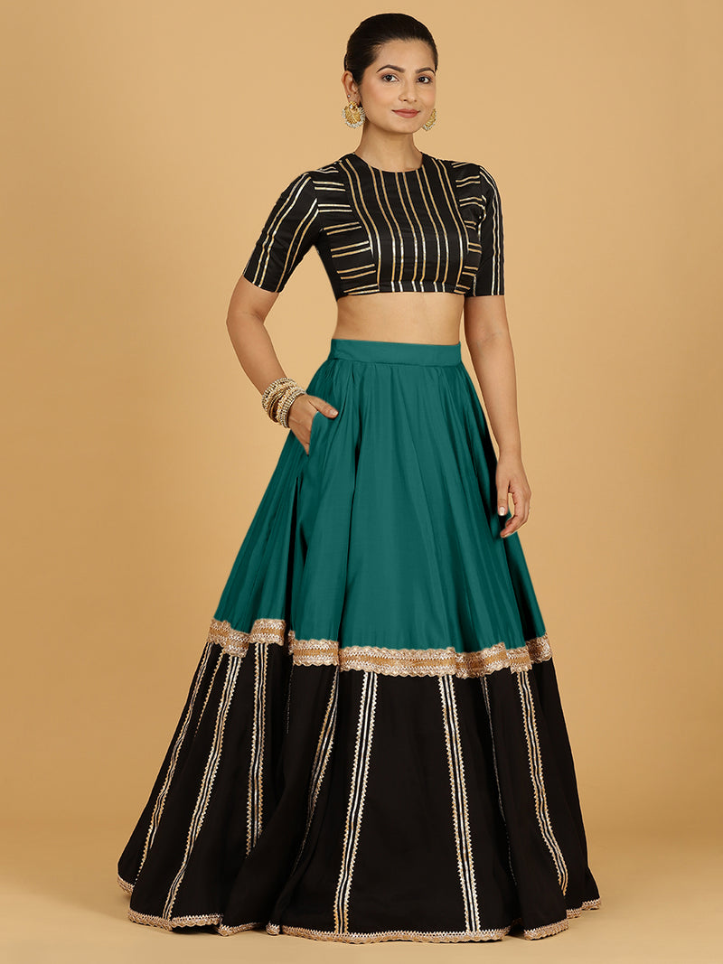 Mastani x Tyohaar | Peacock Green Panelled Lehenga Skirt-Binks