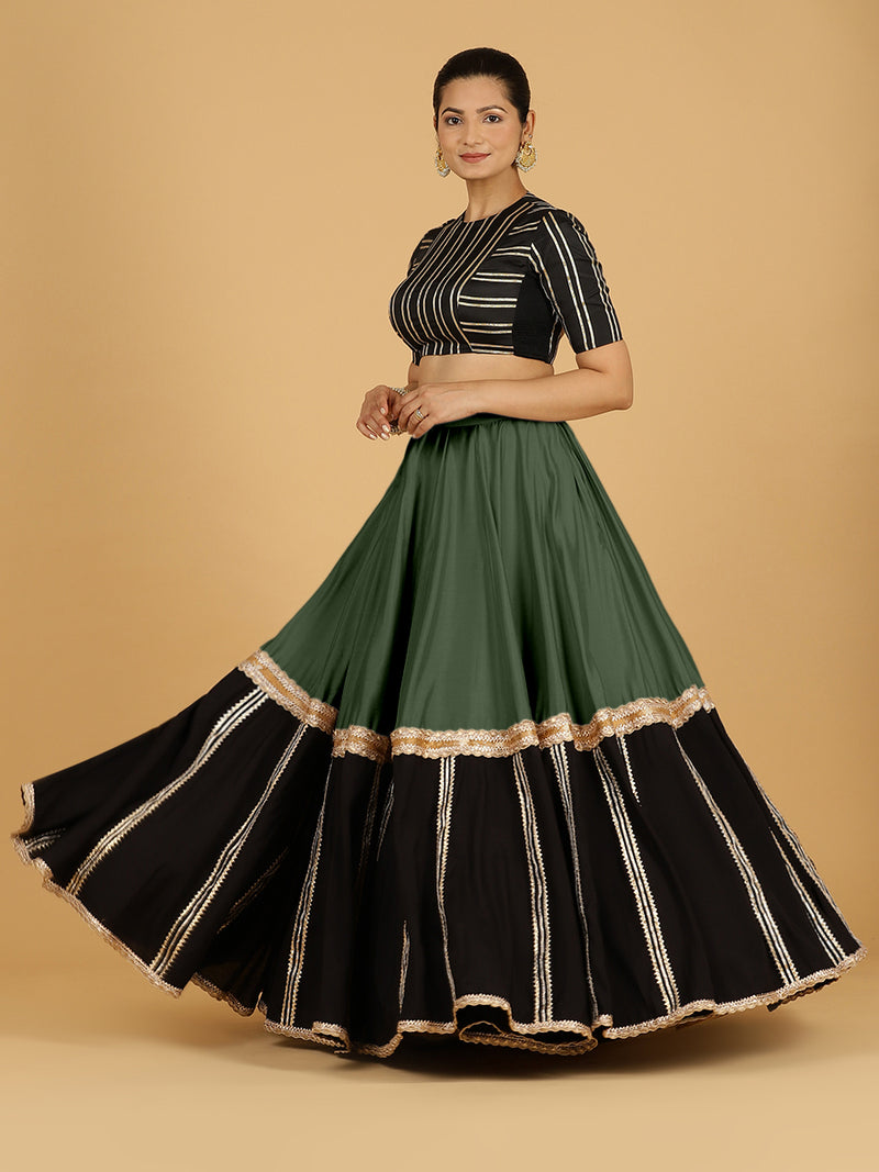 Mastani x Tyohaar | Pine Green Panelled Lehenga Skirt-Binks