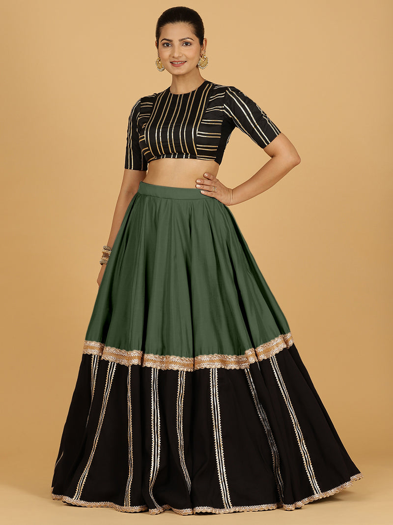 Mastani x Tyohaar | Pine Green Panelled Lehenga Skirt-Binks