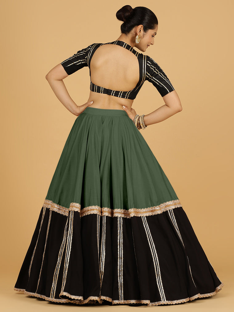 Mastani x Tyohaar Lehenga Skirt, in Green 80% Viscose 20% Polyester, made for party & festive (view 2).