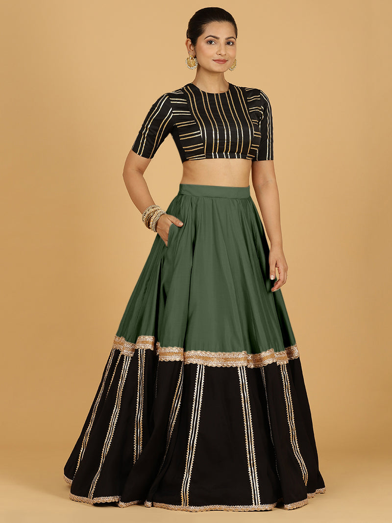Mastani x Tyohaar | Pine Green Panelled Lehenga Skirt-Binks