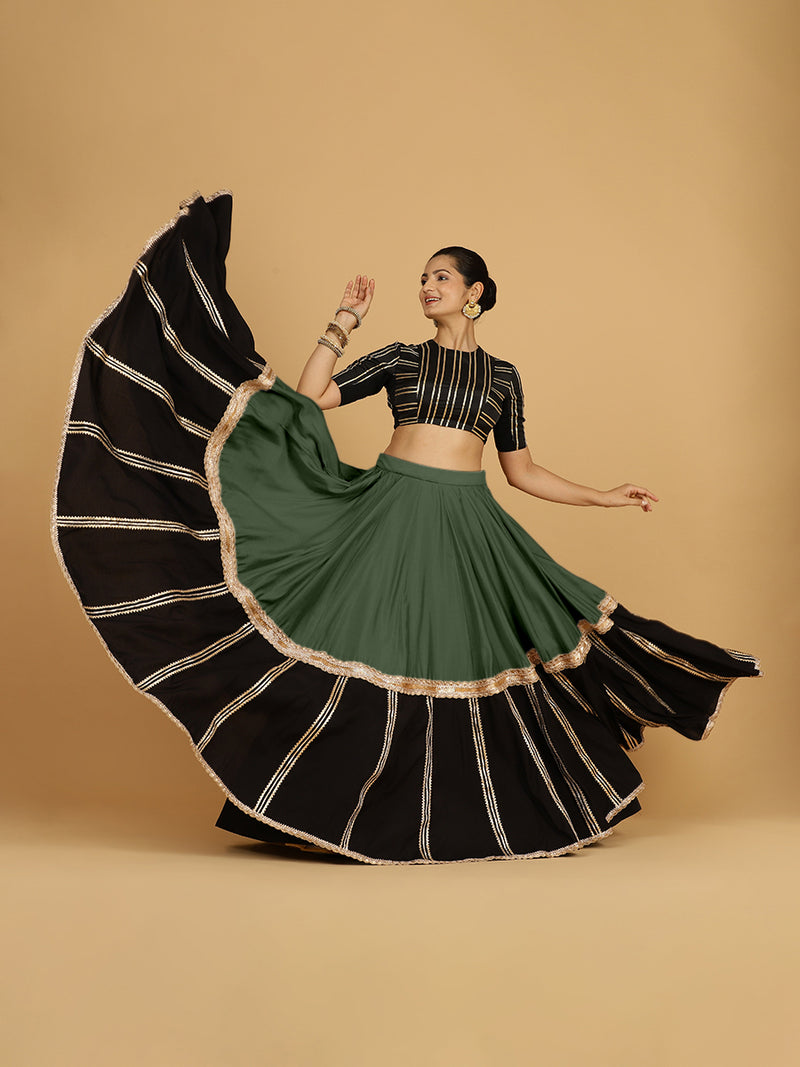 Mastani x Tyohaar | Pine Green Panelled Lehenga Skirt-Binks