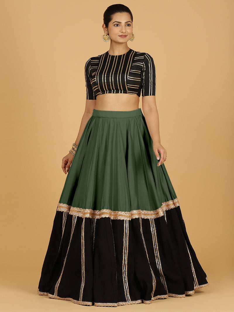 Mastani x Tyohaar | Pine Green Panelled Lehenga Skirt-Binks