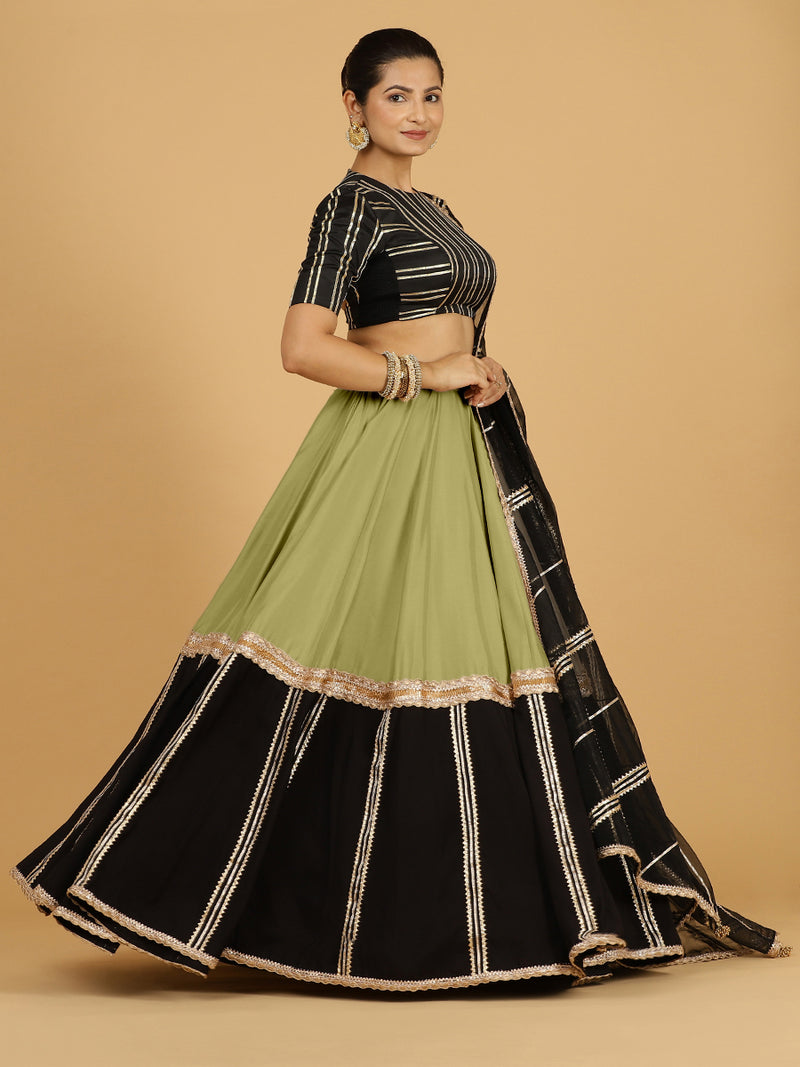 Mastani x Tyohaar | Pista Green Panelled Lehenga Skirt-Binks