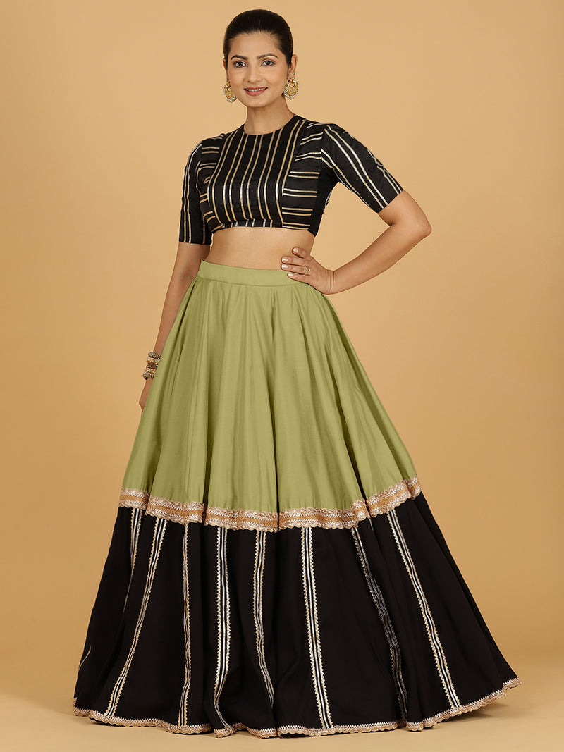 Mastani x Tyohaar | Pista Green Panelled Lehenga Skirt-Binks