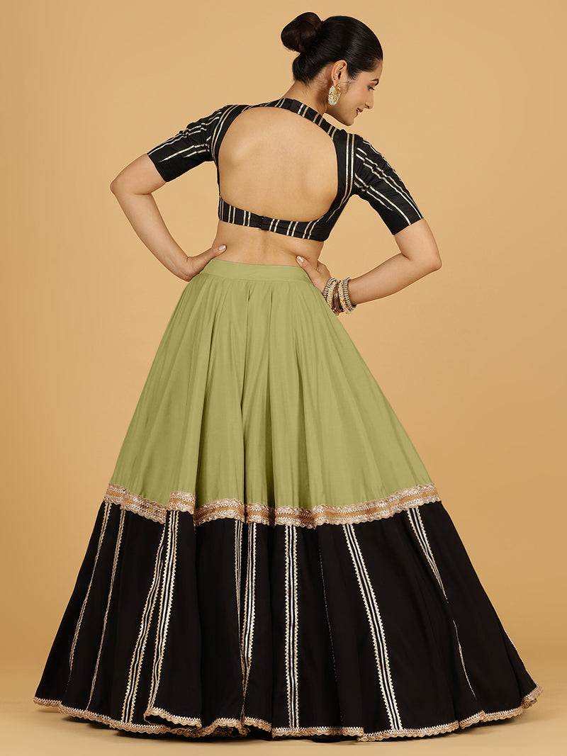 Mastani x Tyohaar | Pista Green Panelled Lehenga Skirt-Binks