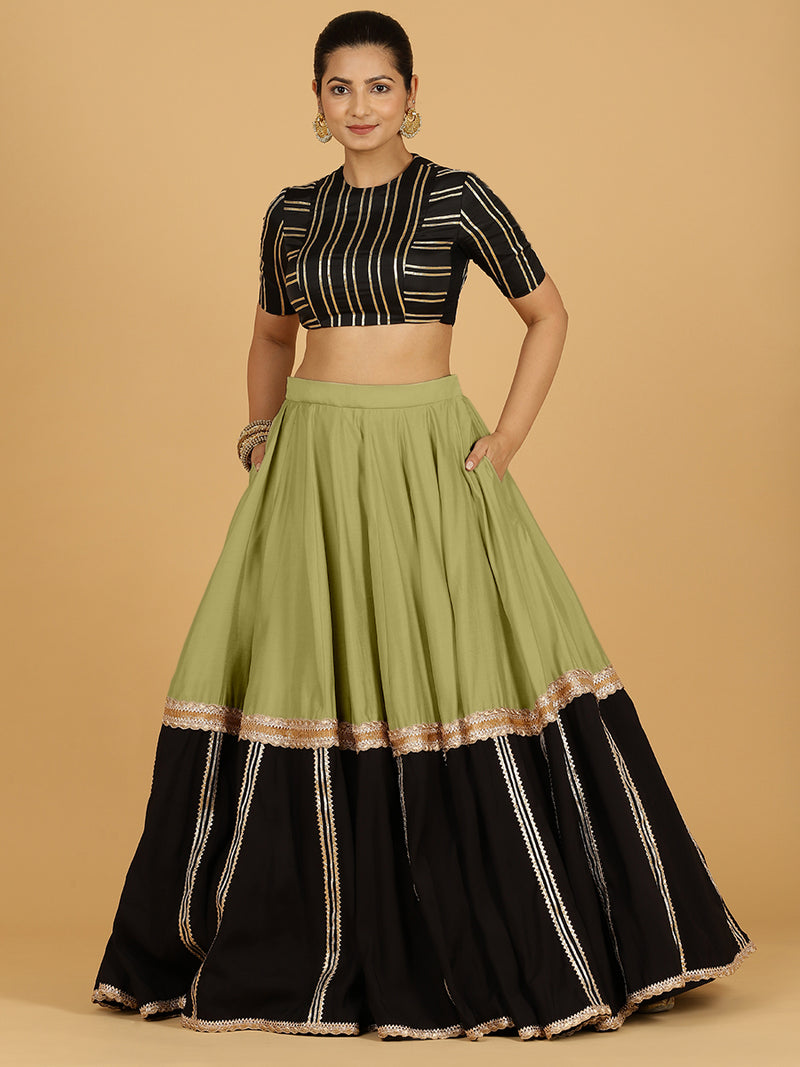 Mastani x Tyohaar | Pista Green Panelled Lehenga Skirt-Binks
