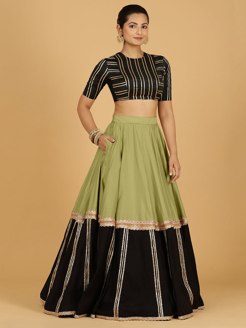 Mastani x Tyohaar | Pista Green Panelled Lehenga Skirt-Binks