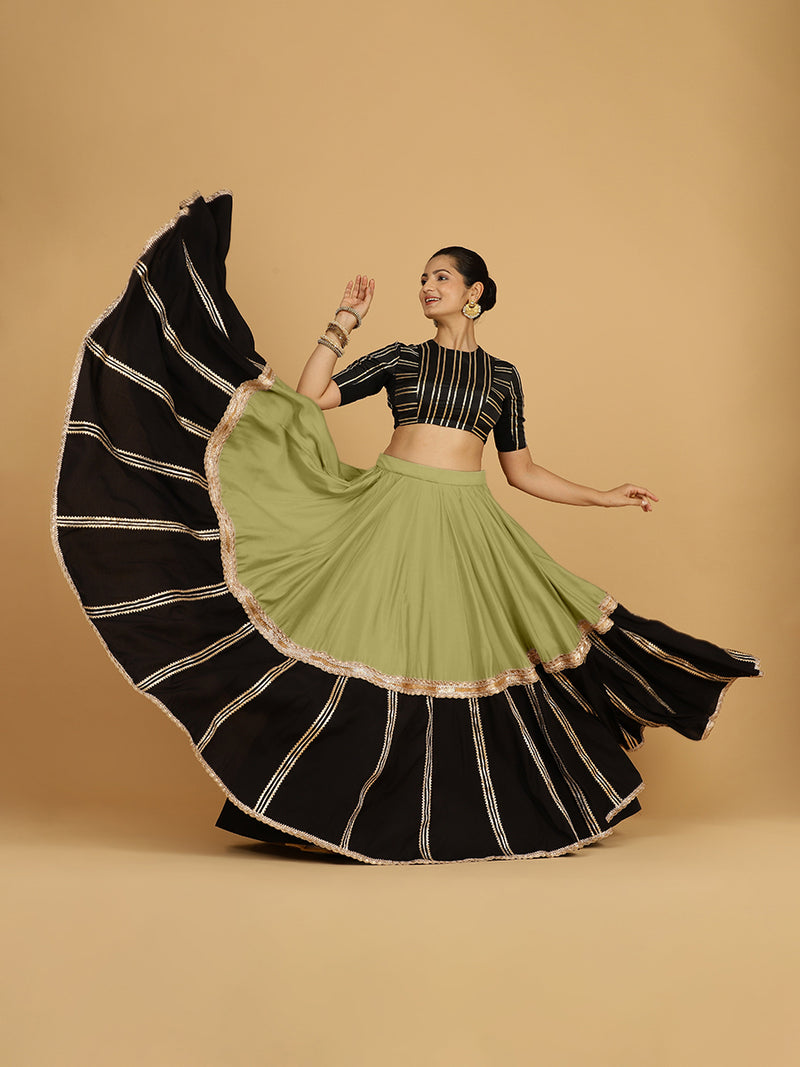 Mastani x Tyohaar | Pista Green Panelled Lehenga Skirt-Binks