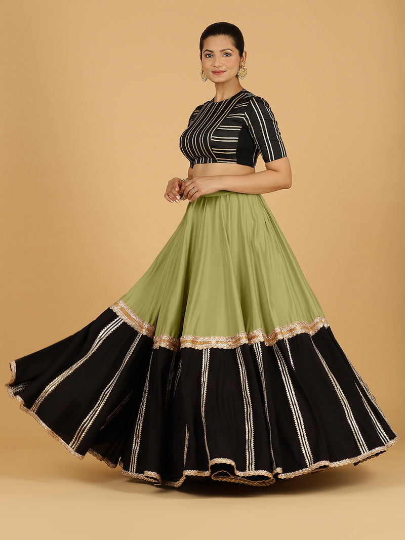 Mastani x Tyohaar | Pista Green Panelled Lehenga Skirt-Binks