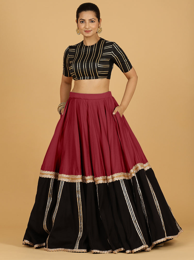 Mastani x Tyohaar | Scarlet Red Panelled Lehenga Skirt-Binks