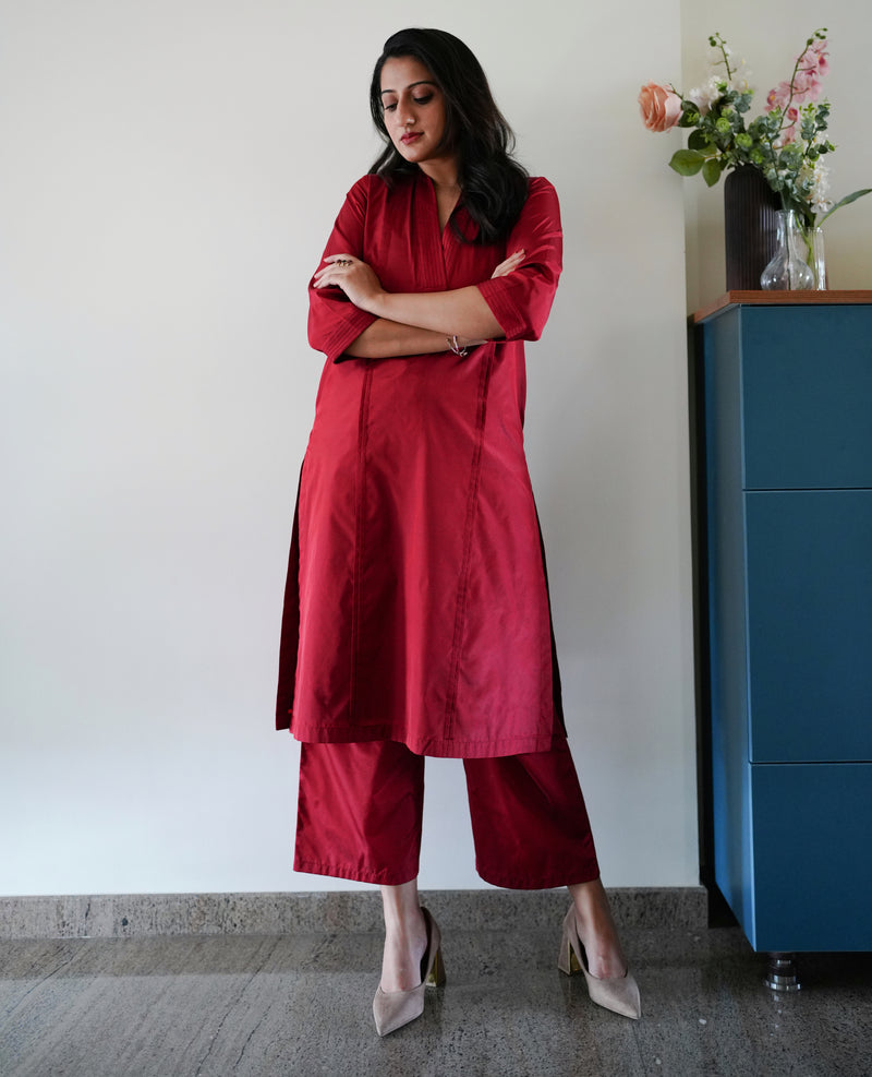 Nyla x Tyohaar | Crimson Red Art Silk Pants-Binks