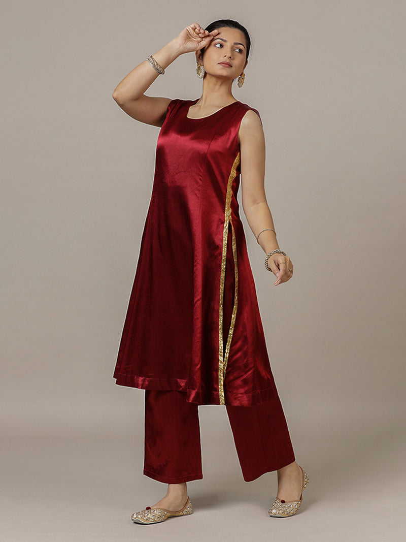 Swara x Tyohaar | Garnet Wine Red Mashru Silk Pants-Binks