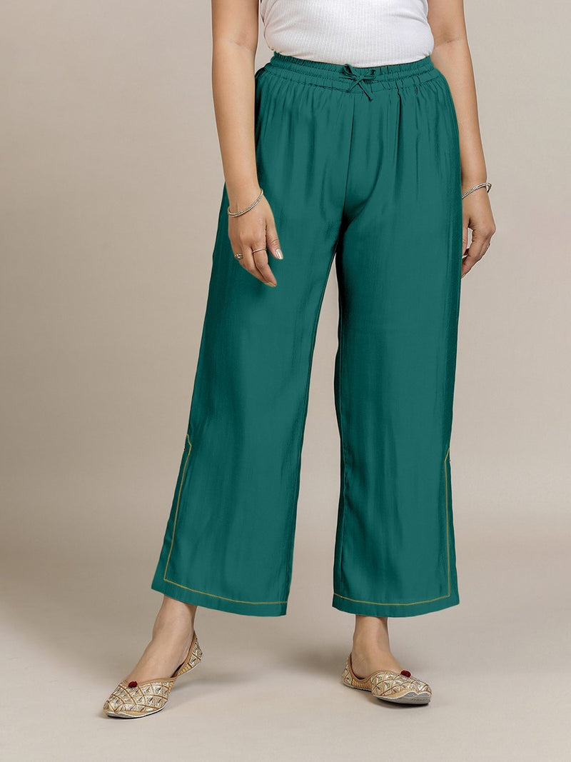 Saba x Rozaana | Peacock Green Cotton Silk Pants-Binks