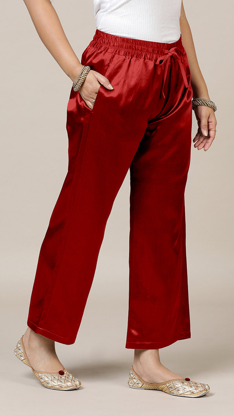 Swara x Tyohaar | Ruby Red Mashru Silk Pants-Binks