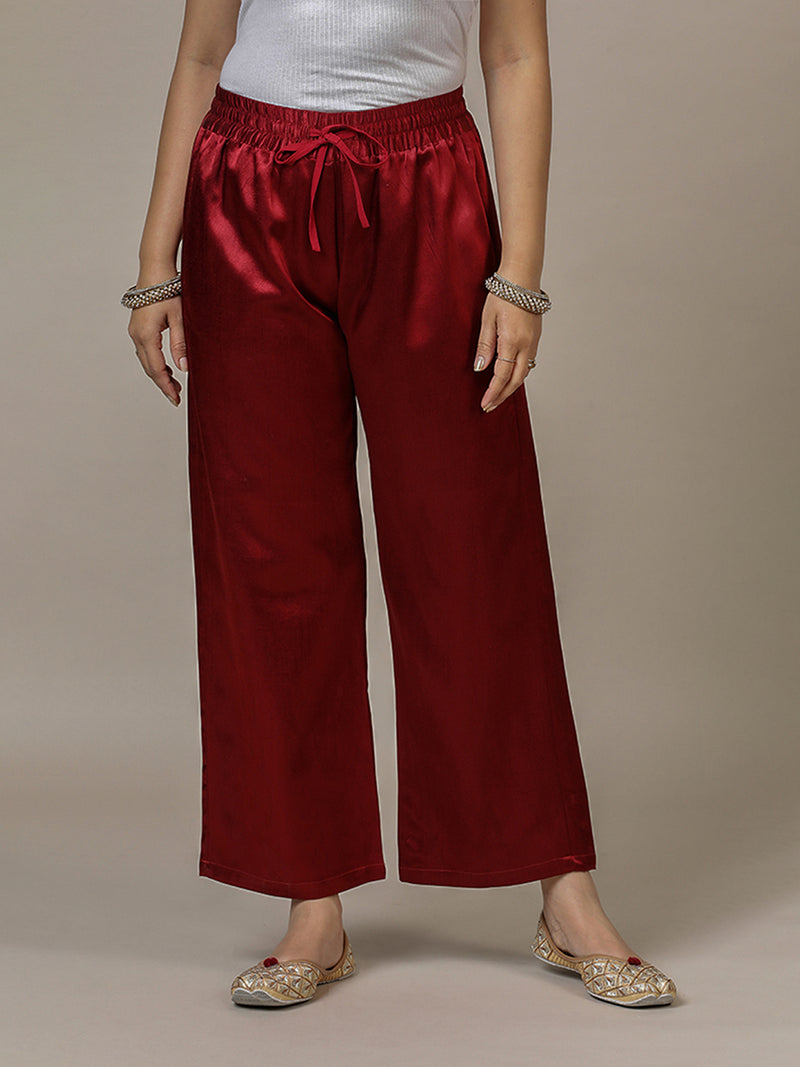 Swara x Tyohaar | Garnet Wine Red Mashru Silk Pants-Binks