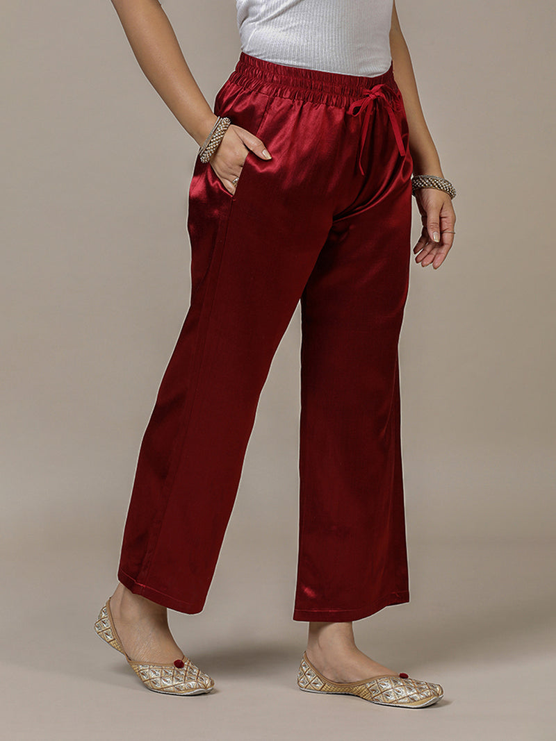 Swara x Tyohaar | Garnet Wine Red Mashru Silk Pants-Binks