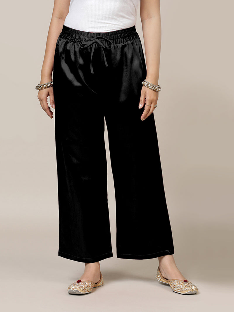 Swara x Tyohaar | Ink Black Mashru Silk Pants-Binks