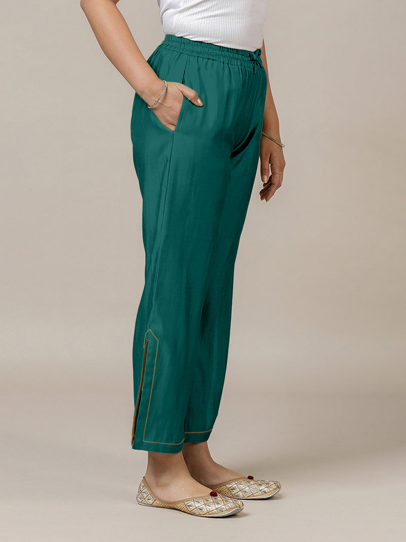 Saba x Rozaana | Peacock Green Cotton Silk Pants-Binks