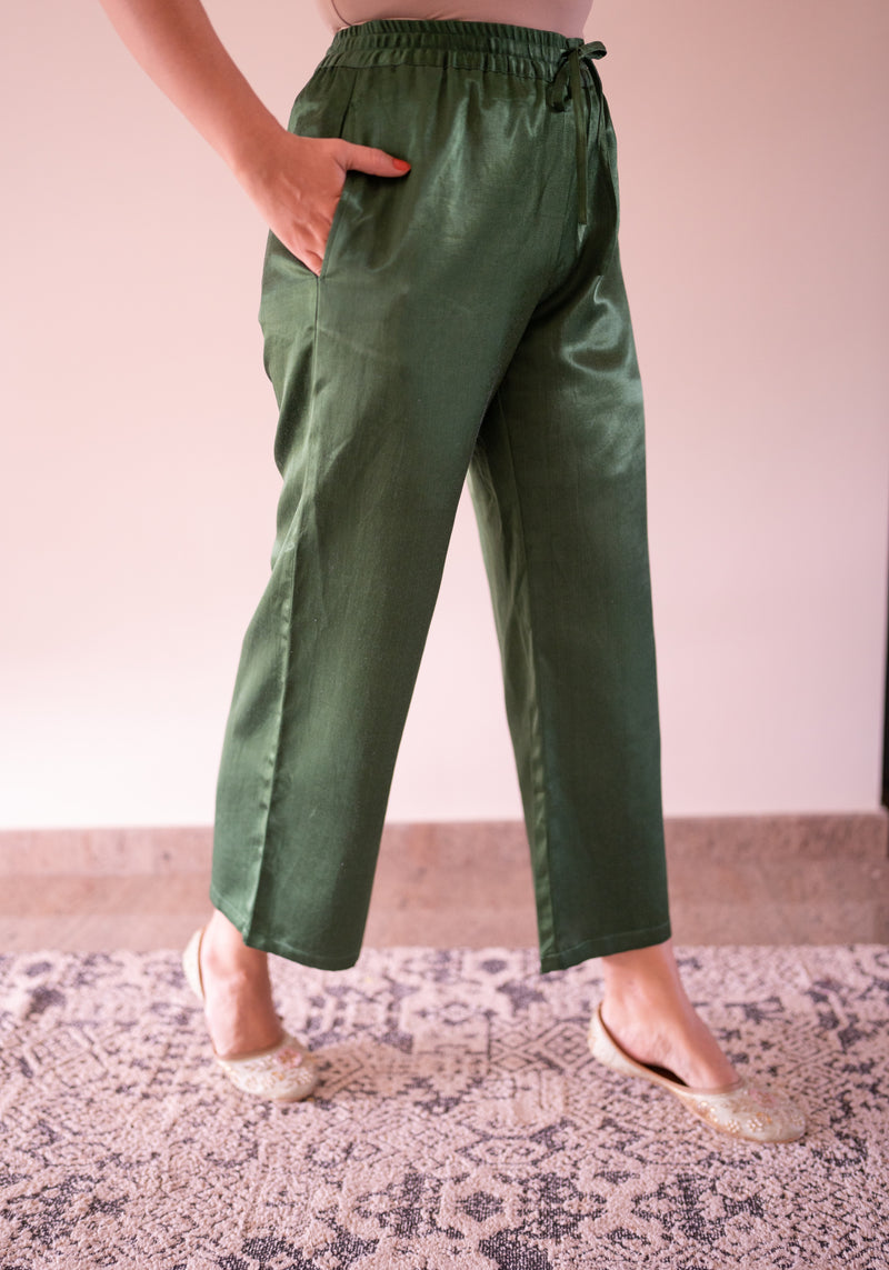 Swara x Tyohaar | Emerald Green Mashru Silk Pants-Binks
