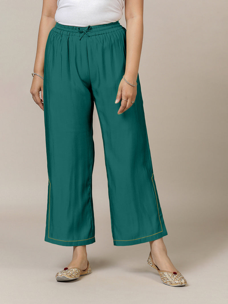 Saba x Rozaana | Peacock Green Cotton Silk Pants-Binks
