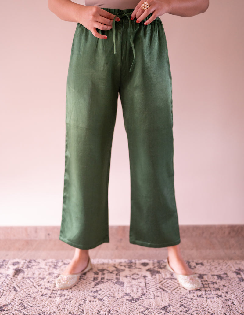 Swara x Tyohaar | Emerald Green Mashru Silk Pants-Binks