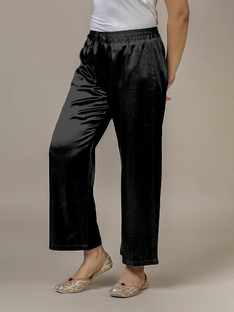 Swara x Tyohaar | Ink Black Mashru Silk Pants-Binks