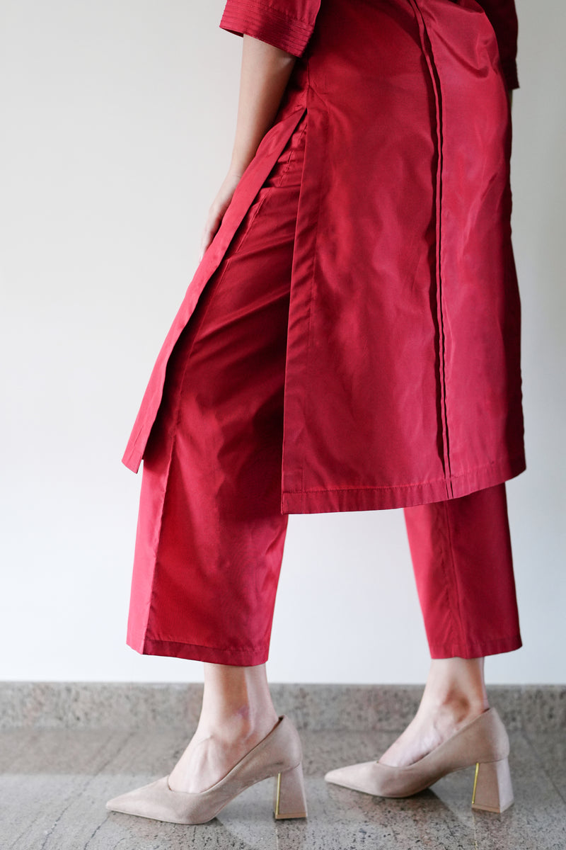 Nyla x Tyohaar | Crimson Red Art Silk Pants-Binks