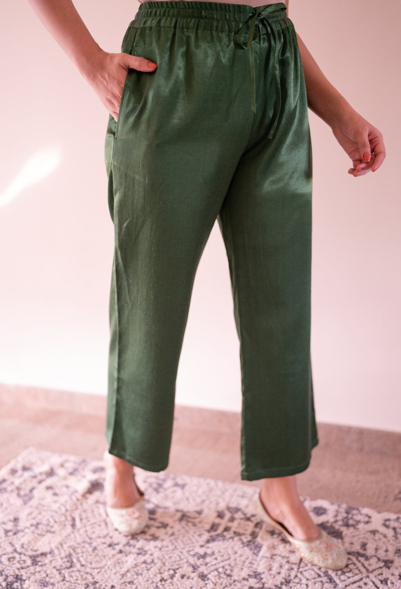 Swara x Tyohaar | Emerald Green Mashru Silk Pants-Binks