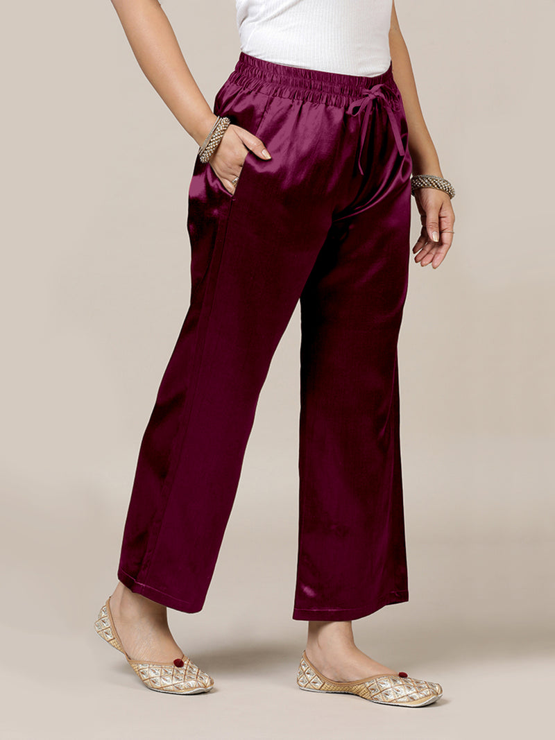 Swara x Tyohaar | Mulberry Red Mashru Silk Pants-Binks