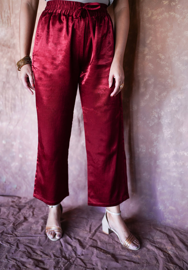 Swara x Tyohaar | Garnet Wine Red Mashru Silk Pants-Binks