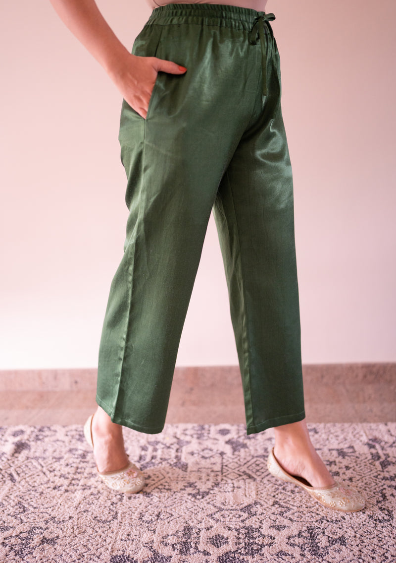 Swara x Tyohaar | Emerald Green Mashru Silk Pants-Binks
