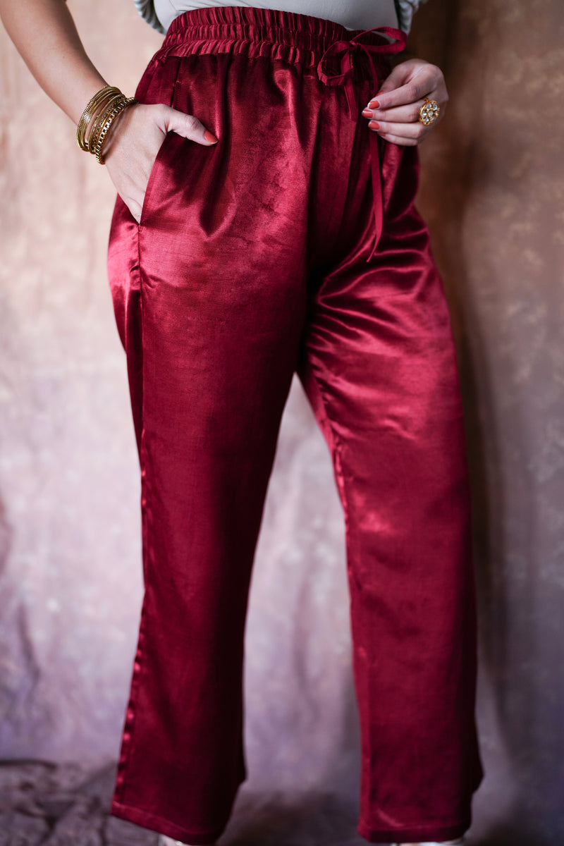 Swara x Tyohaar | Garnet Wine Red Mashru Silk Pants-Binks