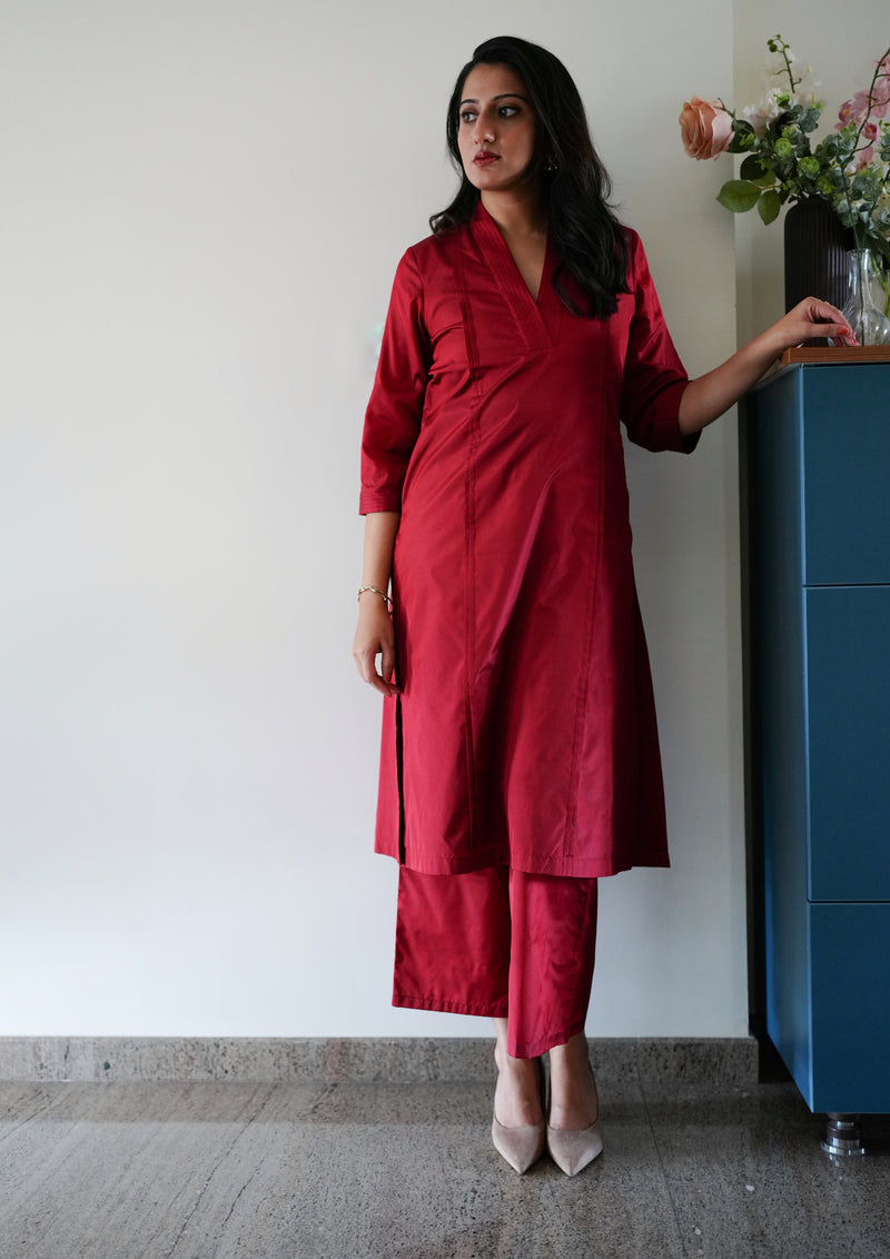 Nyla x Tyohaar | Crimson Red Art Silk Pants-Binks