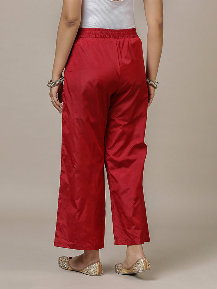 Nyla x Tyohaar Pant/Trousers, in Red Artificial Silk, made for daily & work (view 2).